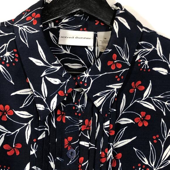 Alfred Dunner Button Up Short Sleeve Blouse Size 16 Floral Navy Career Retro - Picture 1 of 7
